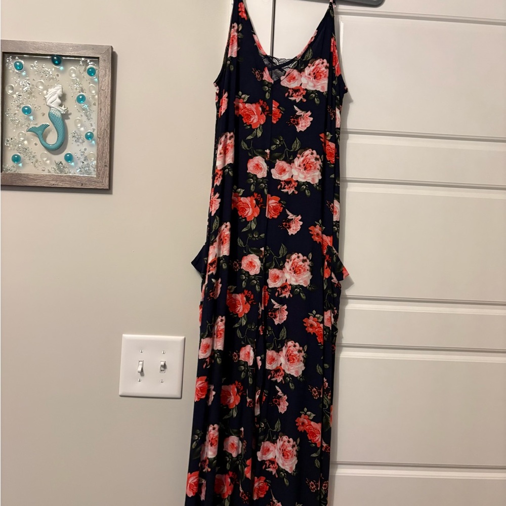 Floral Navy romper with Pink & Red Roses